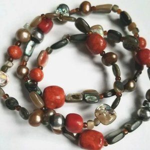 SILPADA Abaloni Shell Coral Pearl Sterling Silver (3) Stretch Bracelet B1695